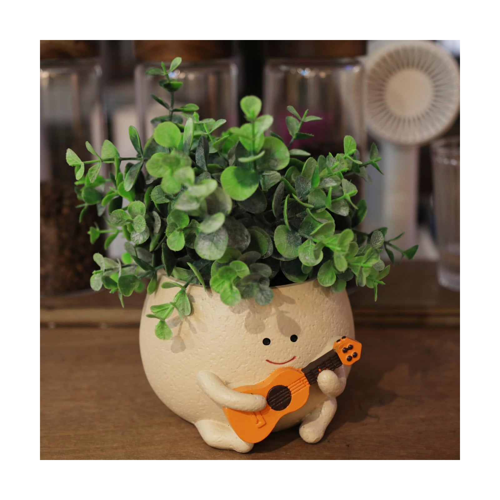 Smily Face Planter Pot with Drainage Hole Cute Resin Head Planters for String of Pearls Plant Live Unique Guitar