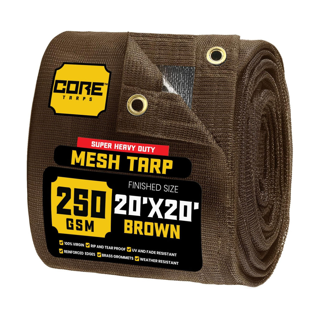 Core Tarps 60% Brown Shade Cloth with Grommets - 20 X 20 FT Heavy Duty Mesh Tarp - Sun Shade Cloth for Garden