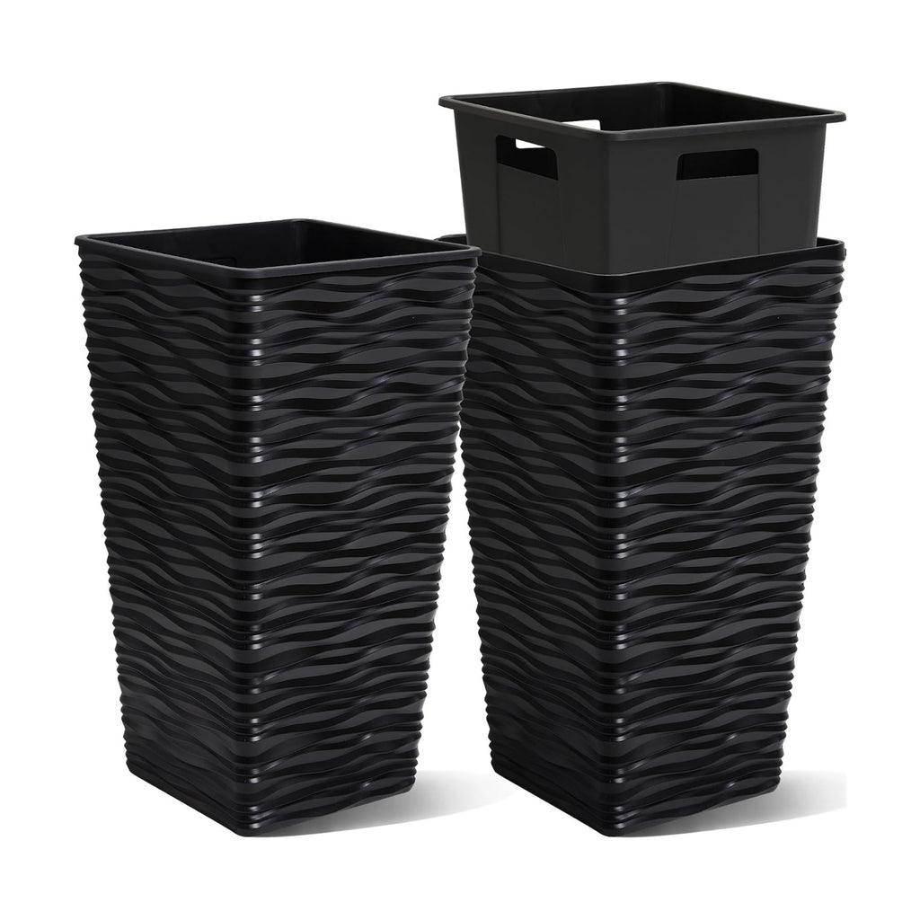Worth 2 Pack 22" Tall Plastic Square Tapered Planter with Inside Pots for Indoor or Outdoor Use, Modern Wavy Finish for
