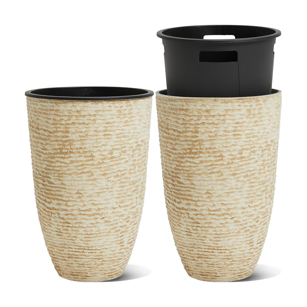 Worth Garden 21" H Beige Tall Planters set of 2 with Inside Pots - 14'' Dia Plastic Large Round Plant Tree Pots with