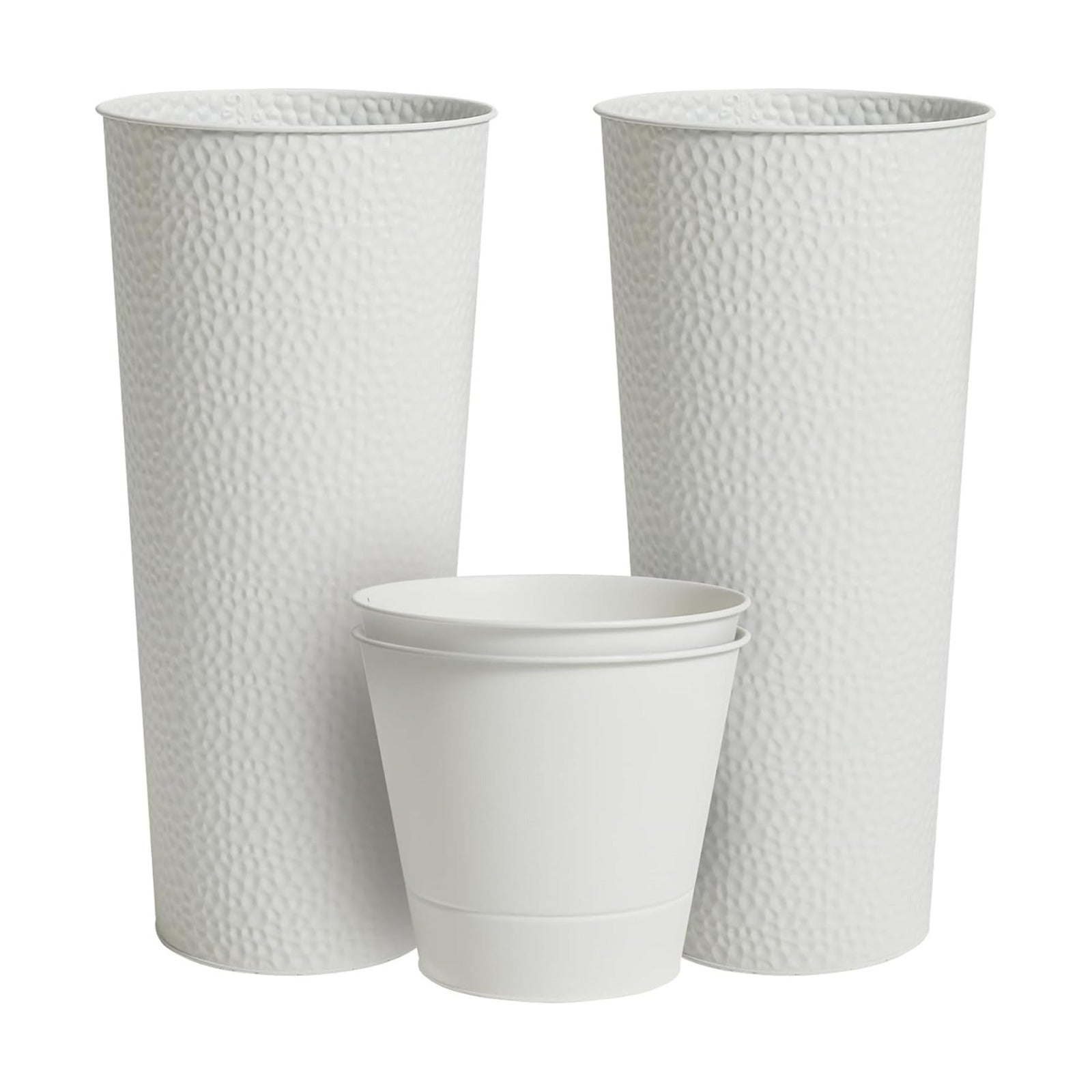 Worth Garden 2-Pack 28" H. Metal Planter with 2X Inside Pots - Hand-Hammered Texture Tall Cone Plant Pots - Large