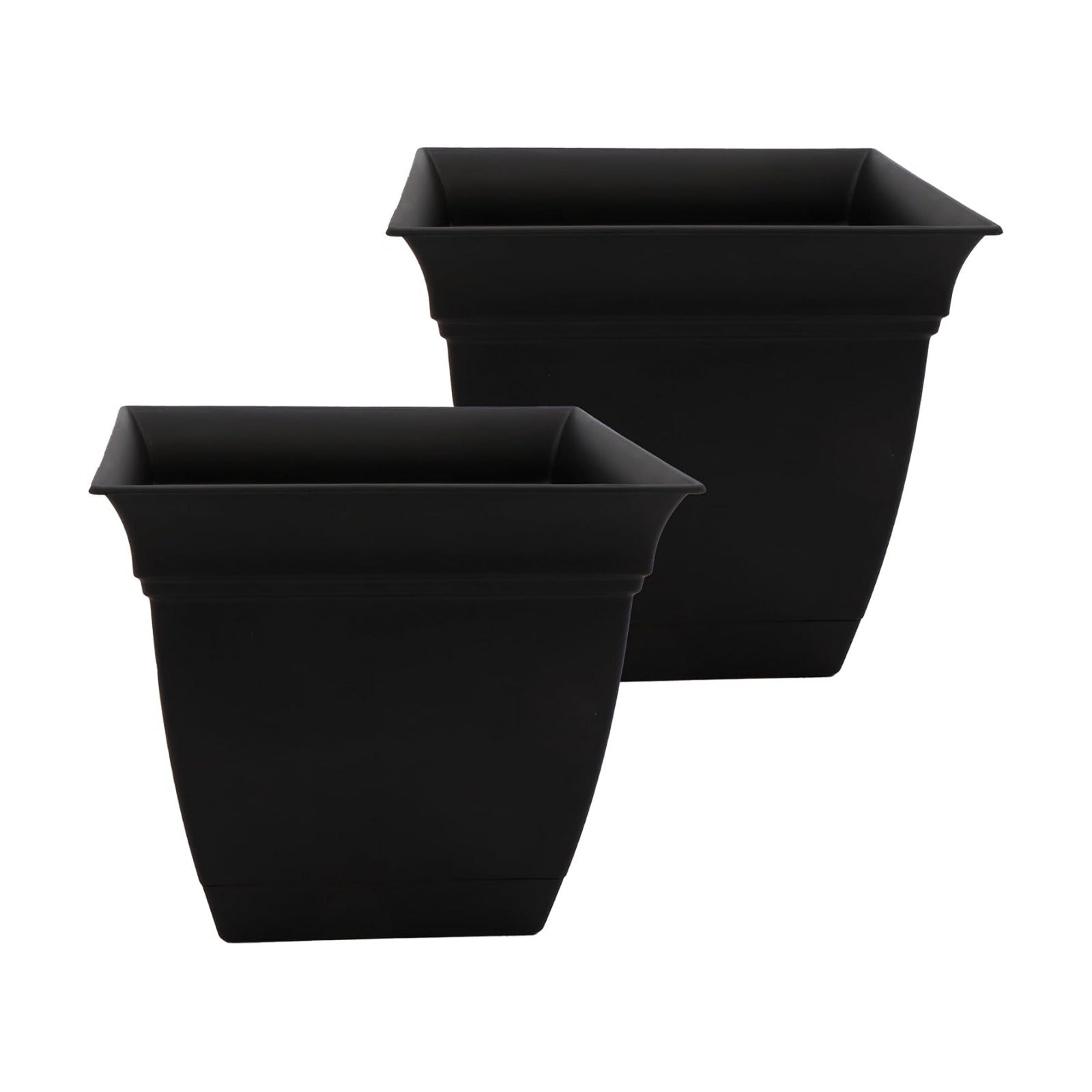 The HC Companies Eclipse Square Planter Pot, 12 Inch, Black, 2-Pack | Plastic, Attached Saucer, Drainage Holes