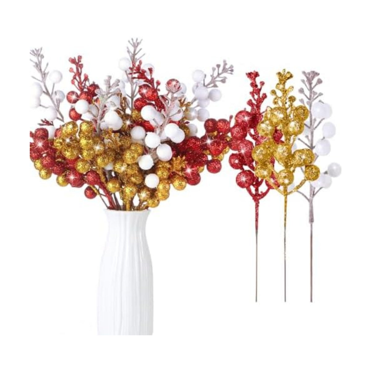 Geosar 36 Pcs Christmas Glittered Berries Stems, Red, White, Gold