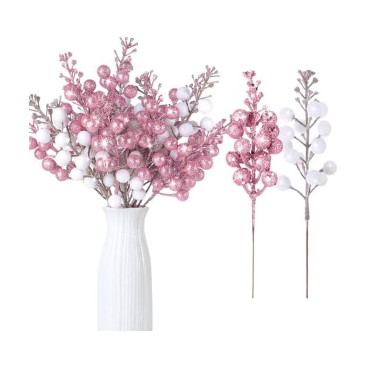 Geosar 36 Pcs Christmas Glittered Berries Stems, White, Pink