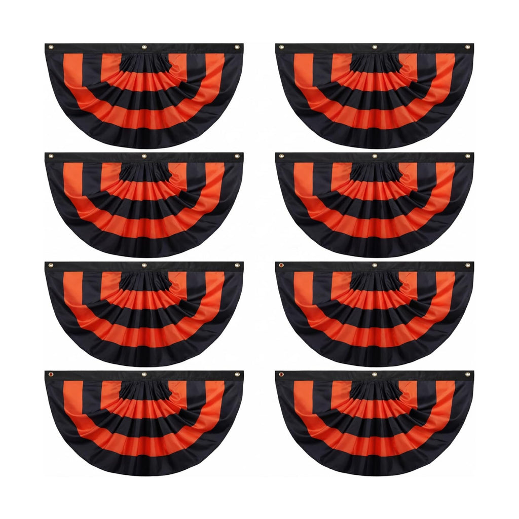 Newwiee 8 Pcs Flag Bunting Black Orange Halloween Bunting Half Fan Hanging Pleated Flag Banner with 3 Grommets 3 x 1.5 ft for Halloween Indoor Outdoor House Holiday Yard Decorations Party