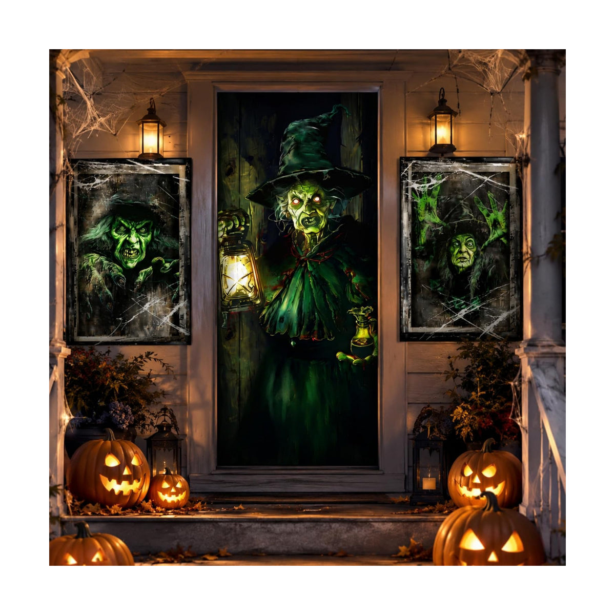 Fanfanwin 3 Pcs Halloween Door Window Cover Set Scary Decor, Witch
