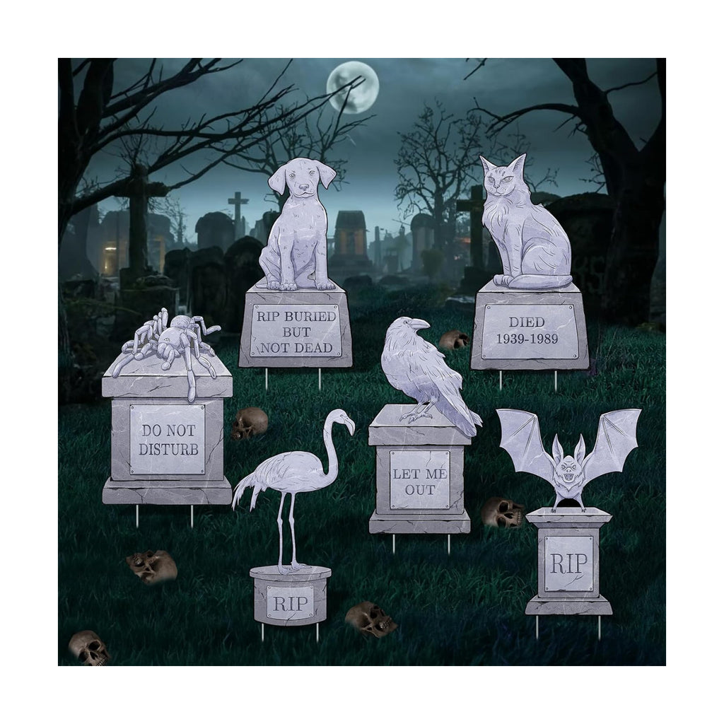 6PCS Halloween Outdoor Graveyard Signs Decorations Halloween Pet Cemetery Tombstones Yard Signs with Stakes Plastic Spider Bat Cat Dog Headstone Lawn Signs for Halloween Haunted House Mansion Supplies