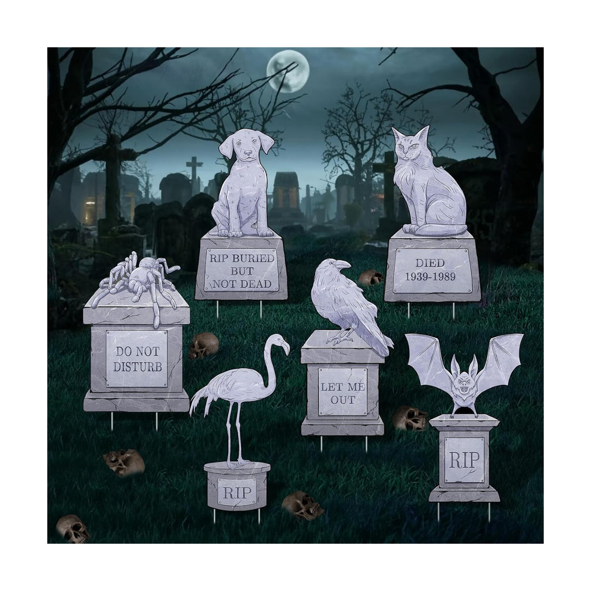 6PCS Halloween Outdoor Graveyard Signs Decorations Halloween Pet Cemetery Tombstones Yard Signs with Stakes Plastic Spider Bat Cat Dog Headstone Lawn Signs for Halloween Haunted House Mansion Supplies