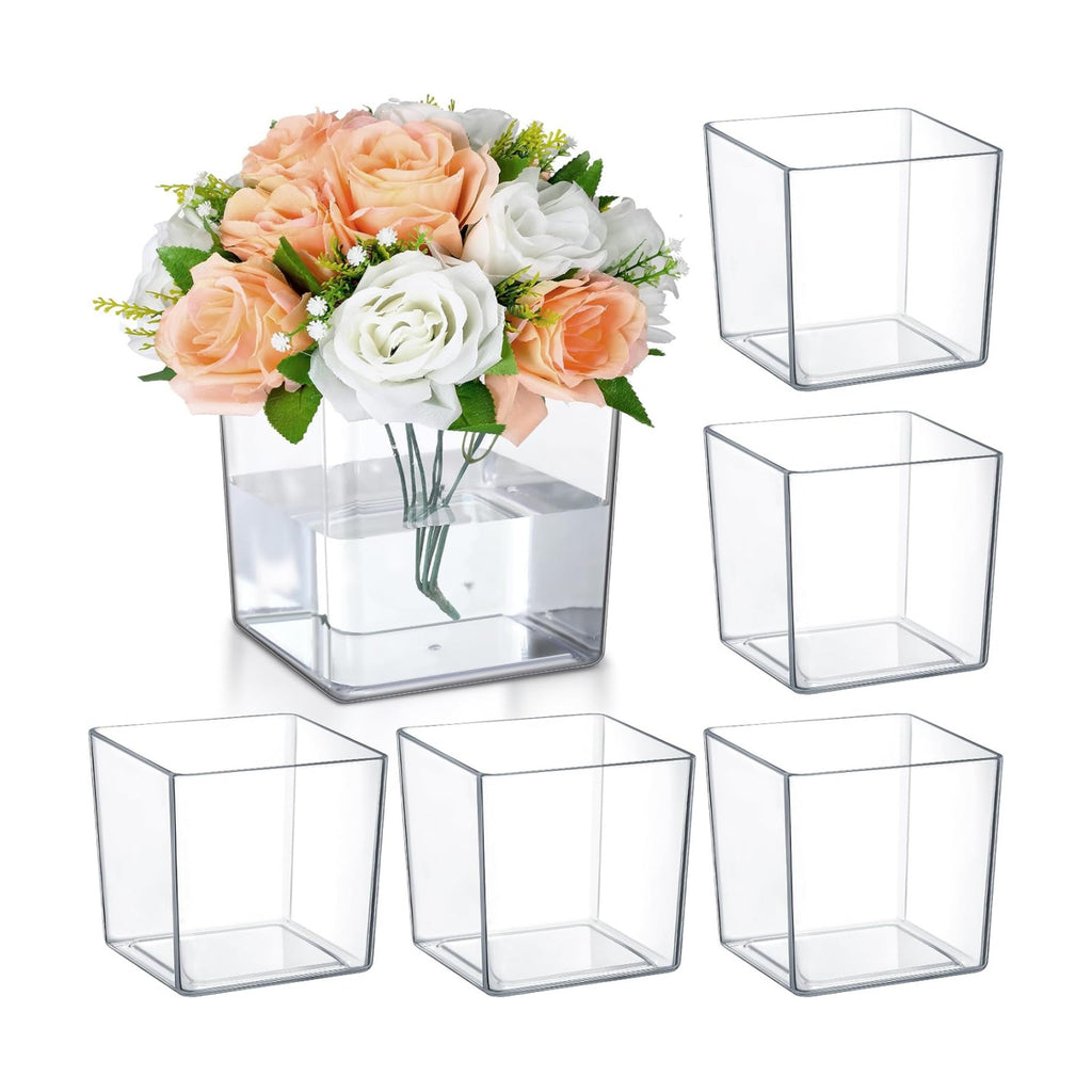 6 Pcs 6 x 6 Acrylic Square Vase for Centerpieces Clear Plastic Flower Vases