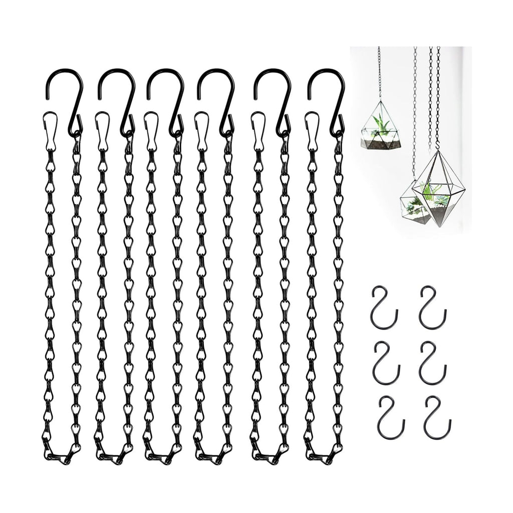 6PCS Hanging Chains with S Hooks, 24.2IN Long Chains with Clips, Adjustable Black Metal Chains Hanger for Plant, Sign, Bird Feeder, Wind Chime