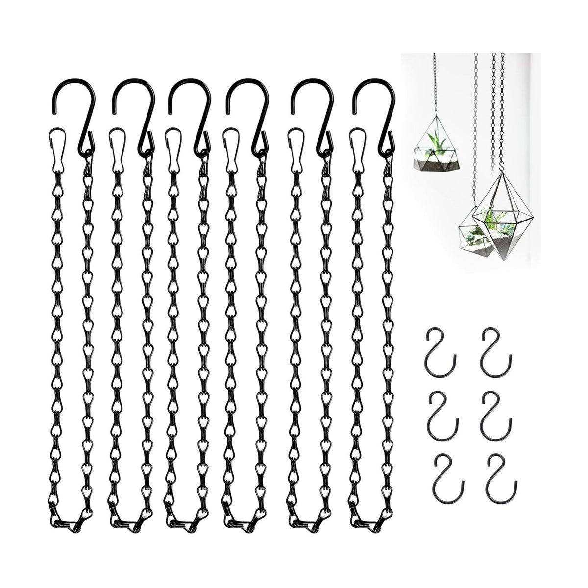 6PCS Hanging Chains with S Hooks, 24.2IN Long Chains with Clips, Adjustable Black Metal Chains Hanger for Plant, Sign, Bird Feeder, Wind Chime