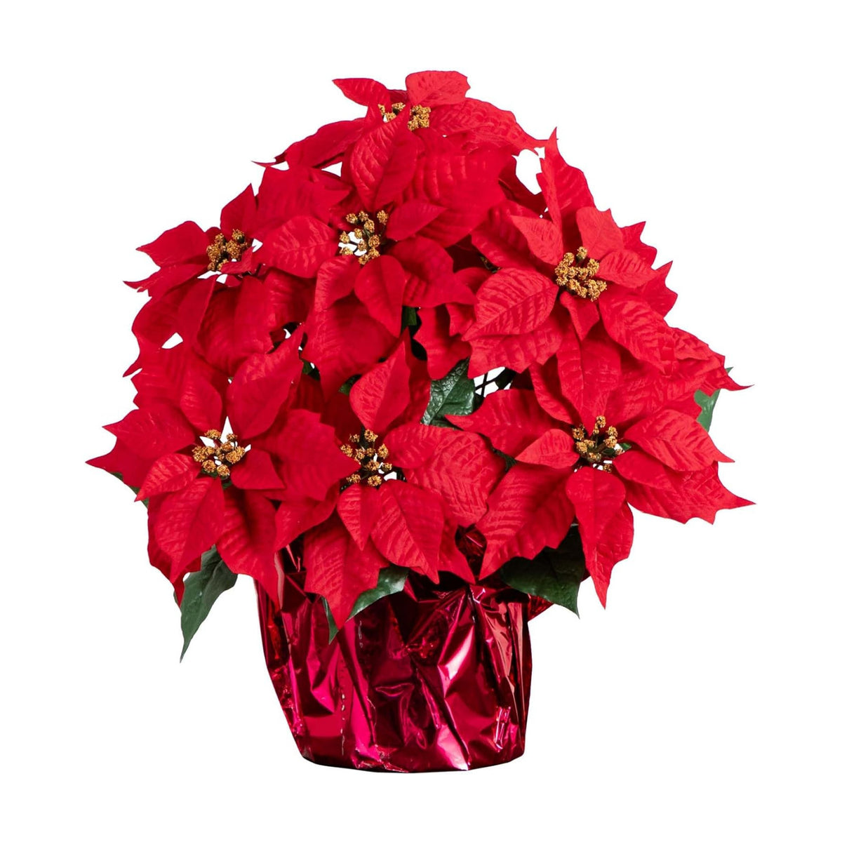 Nearly Natural 19 in Artificial Lush Red Poinsettia in Wrapped Planter
