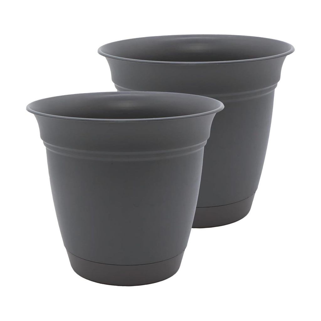 The HC Companies Eclipse Round Planter Pot, 12 Inch, Warm Gray, 2-Pack