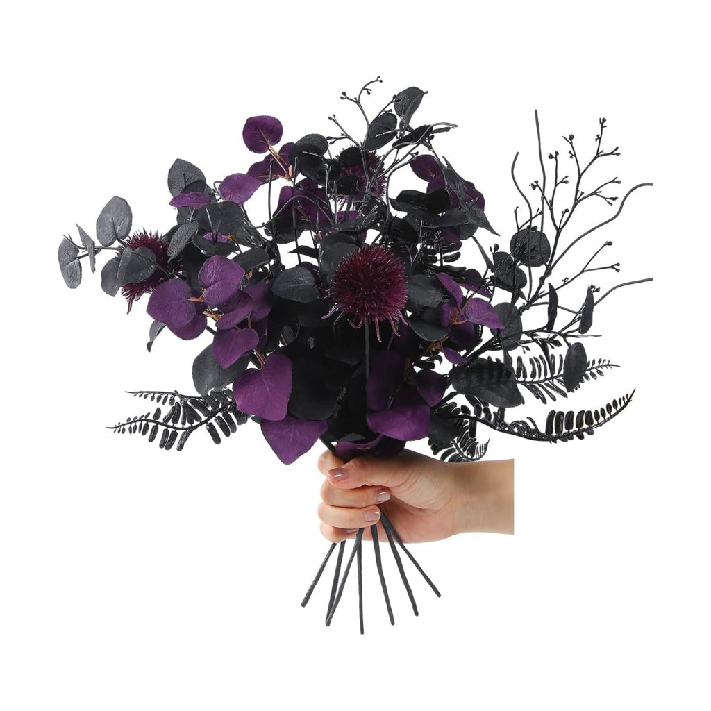 7 Piece 18 Inch Black and Purple Eucalyptus Halloween Floral Picks