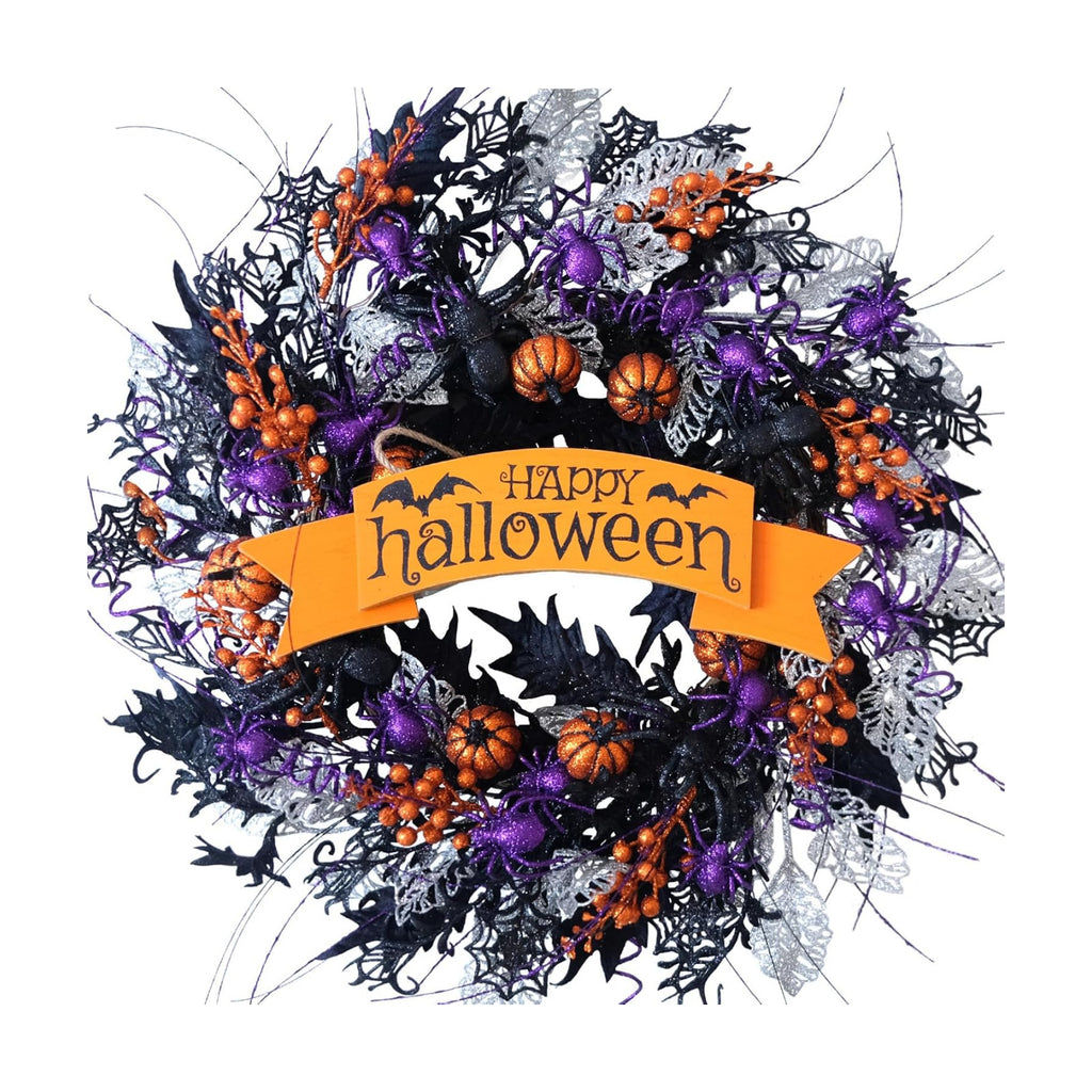 22 Inch Halloween Glitter Pumpkin Spider Wreath for Front Door