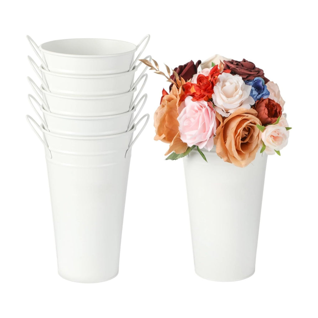 6 Pcs White Flower Buckets, Galvanized Metal Vases,7.9 Inches Flower Vase with Handles, French Flower Bucket，Rustic Farmhouse Vases for Home Decor Wedding Table Centerpiece