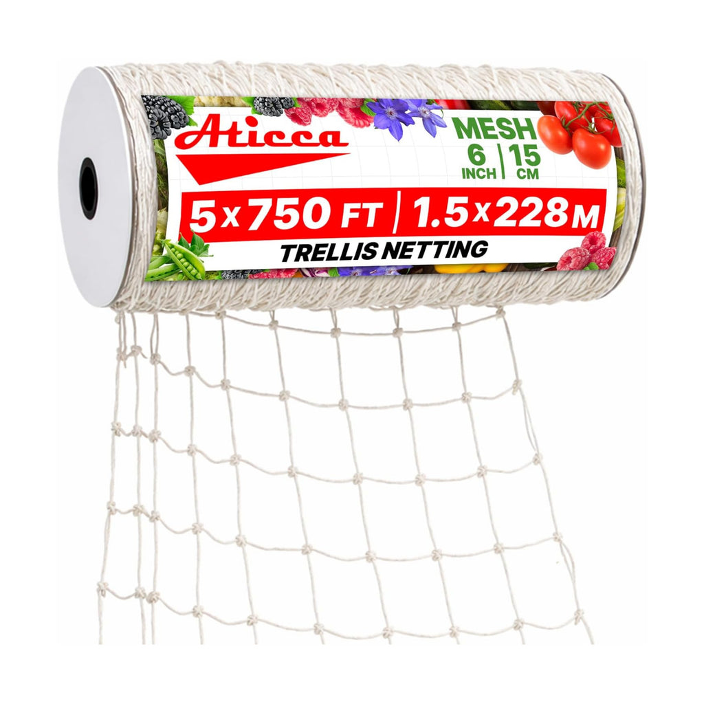 ATICCA Trellis Netting 5 x 750 ft Heavy Duty Polyester Plant Support Netting White - 6 Inch Garden Rope Trellis on Roll