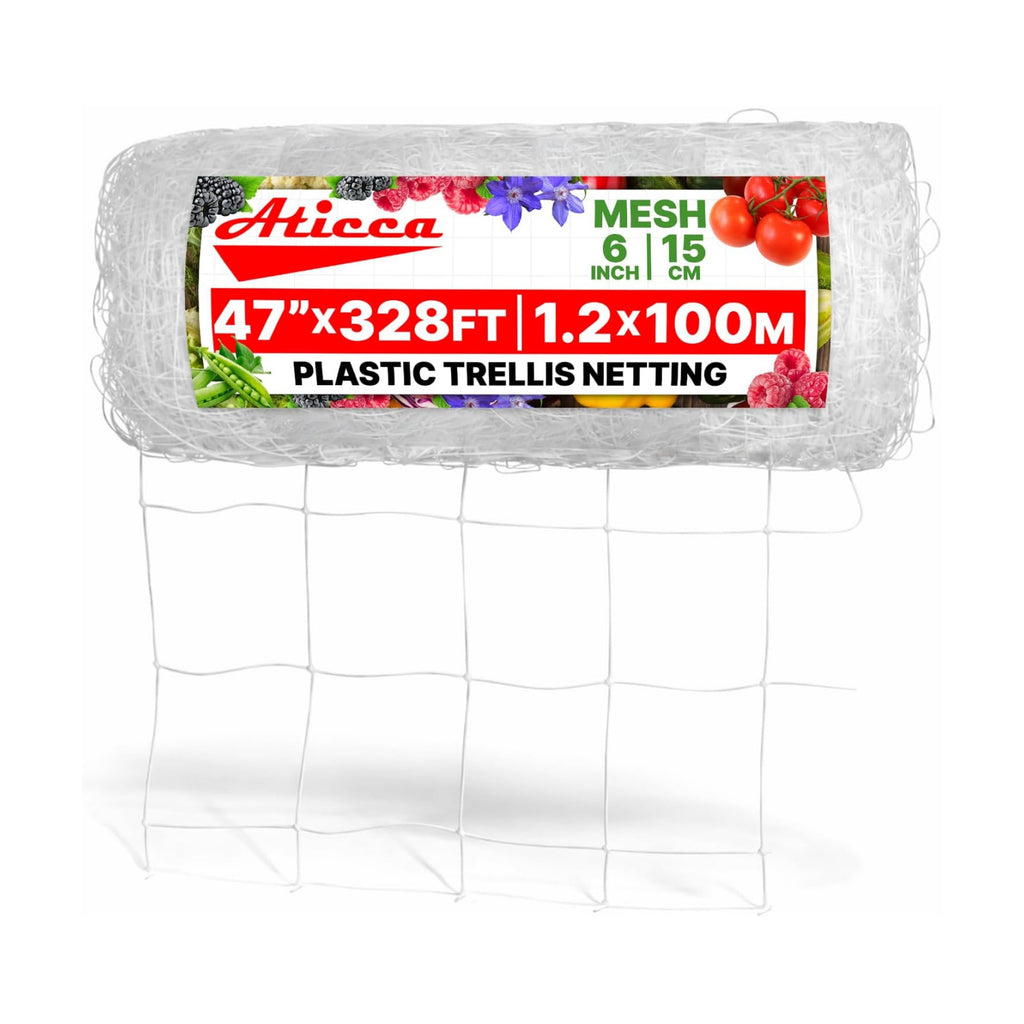 ATICCA Plastic Trellis Netting 47" x 328 ft Heavy Duty Plant Support Netting White - 6 Inch Garden Trellis on Roll
