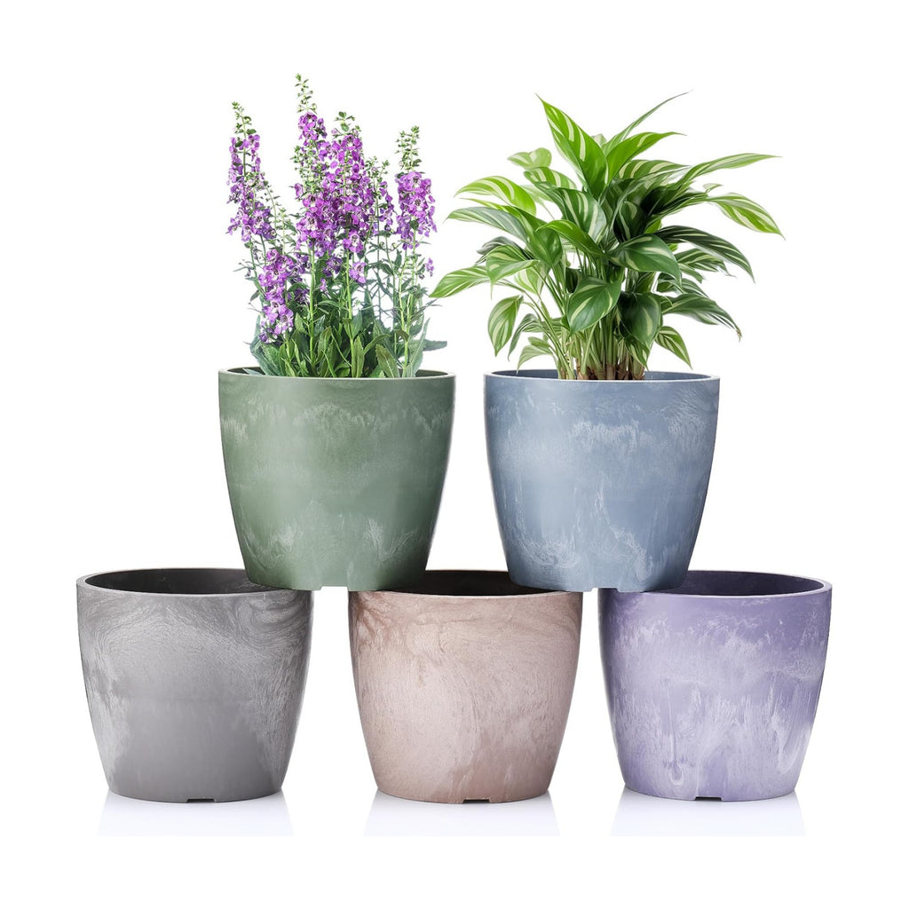 CroBlissful 5 Pack Flower Pots 5 Inch Outdoor Plant Pots for Indoor Marble Pattern Plastic Tree Planters with Drainage