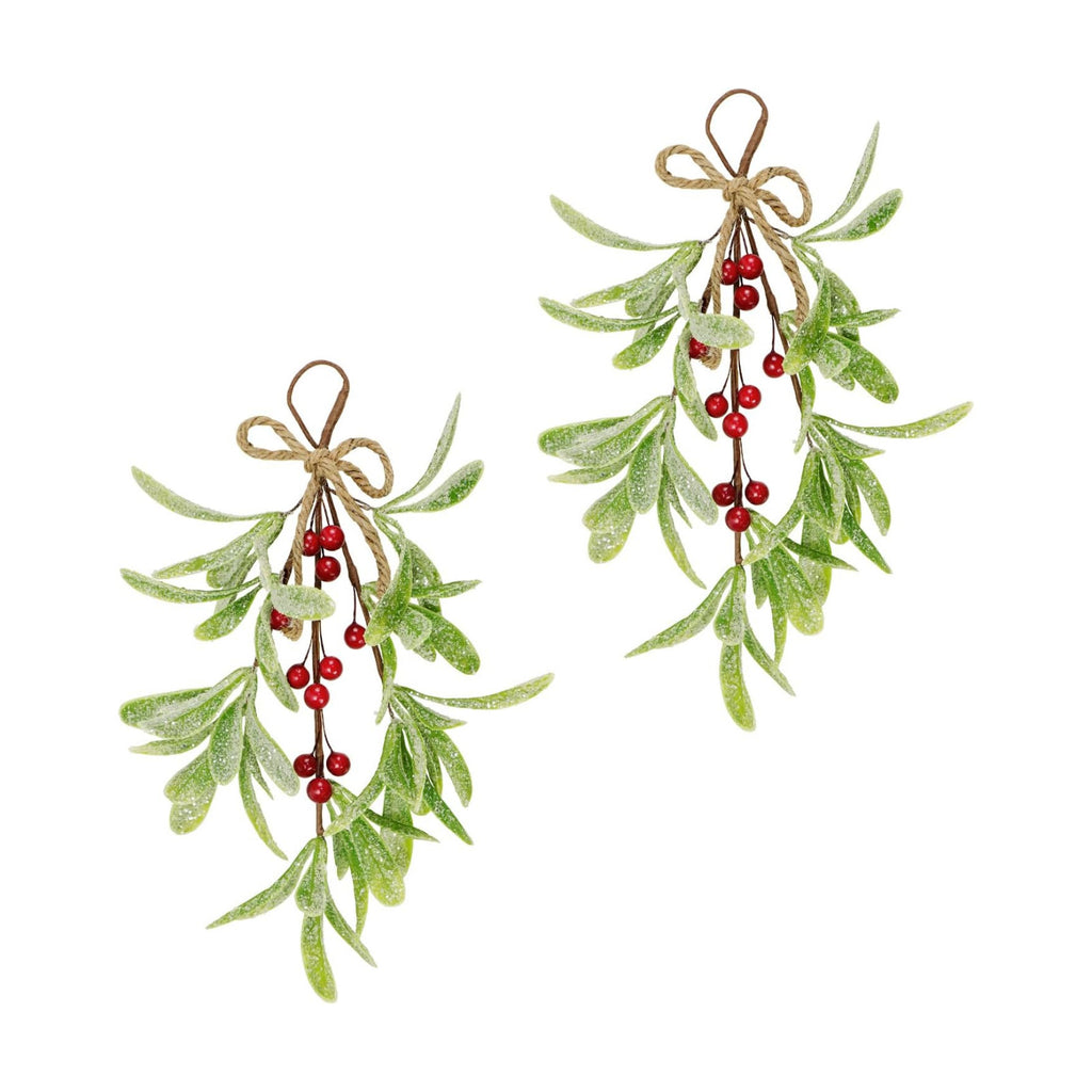 2 Pcs Frosted Mistletoe Hanging Decorations, 10.6'' Artificial Mistletoe Ornament Hanging Kissing Ball with Berry for Christmas Winter Holiday Decor (2, Red)