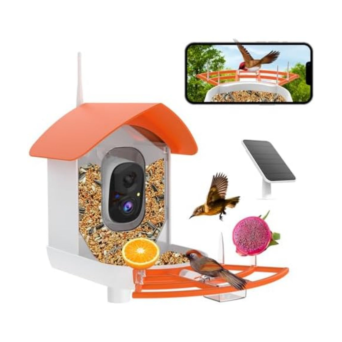 Fazoxo Bird Feeder with Camera,Birds House Camera,Solar Powered,Orange