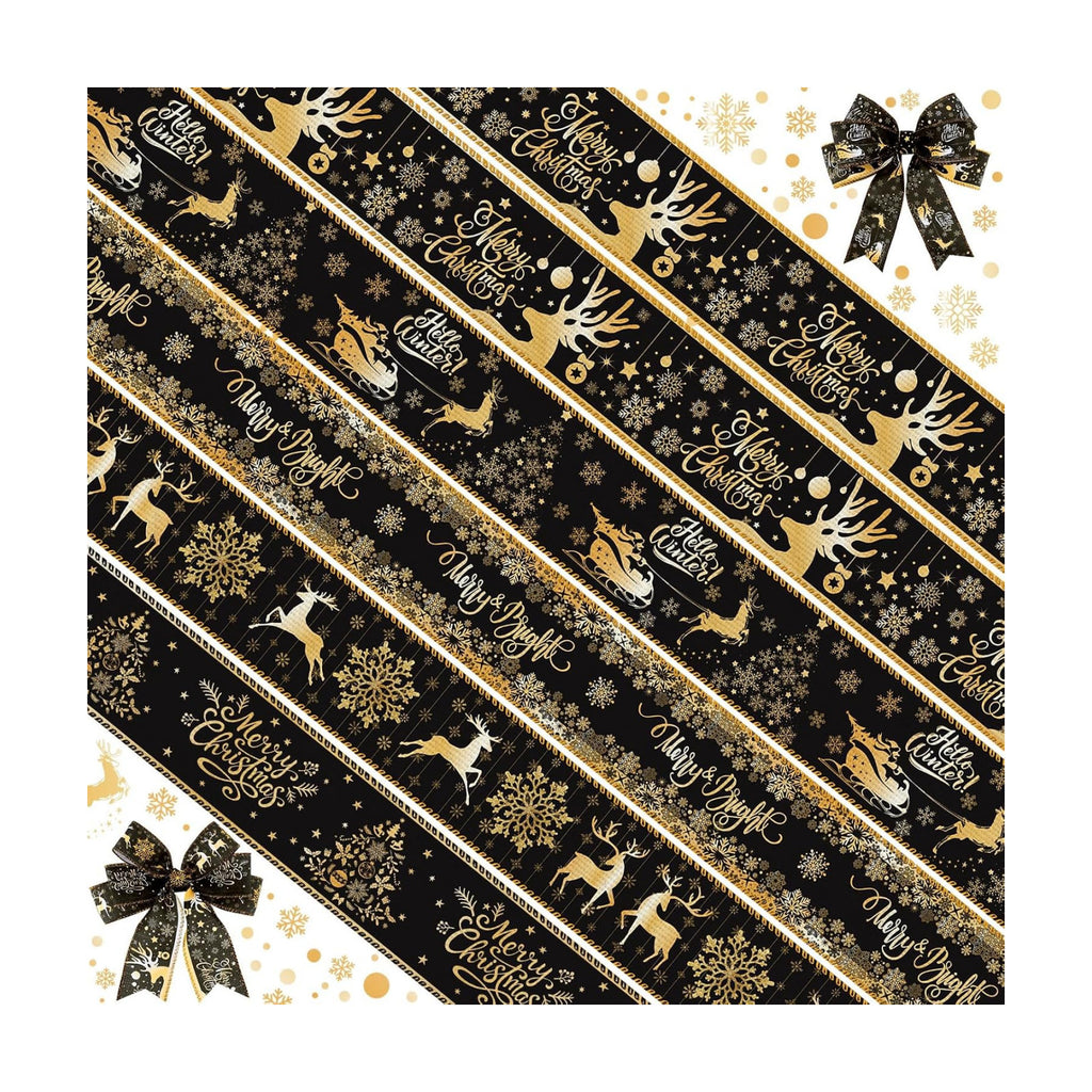Wavyknot 6 Rolls Christmas Wired Edge Ribbon 2 Inch x 30 Yards Black Gold