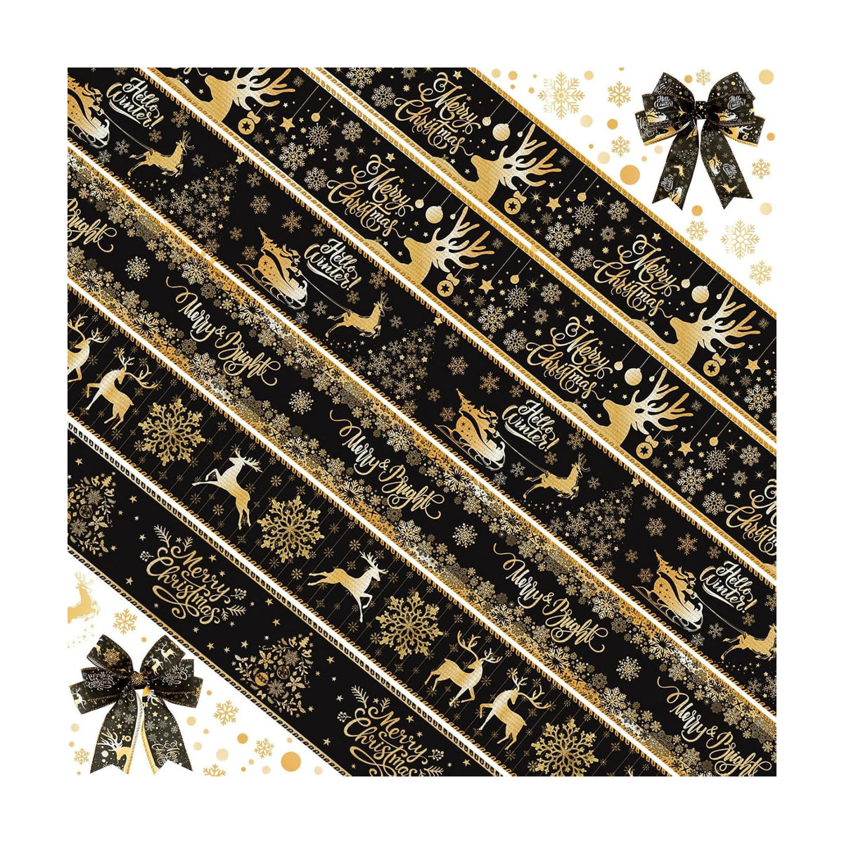 Wavyknot 6 Rolls Christmas Wired Edge Ribbon 2 Inch x 30 Yards Black Gold