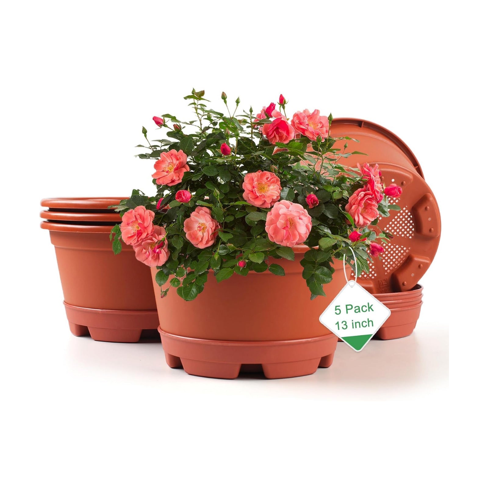 KPUVX Outdoor Flower Pots, 13 inch, 5 Packs | Modern Decorative, Garden Pot with Saucer, Lightweight Large Plastic