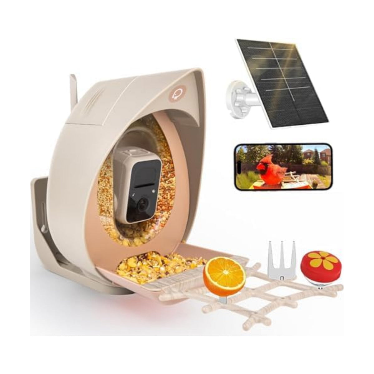 Bird Feeder with Camera Solar Powered, Smart Birds Feeder for Outside, AI Bird Identification Auto Capture Videos Pictures, 2K Live Feed Cam for Backyard, Ideal Gift for Birds Lover (Brown)