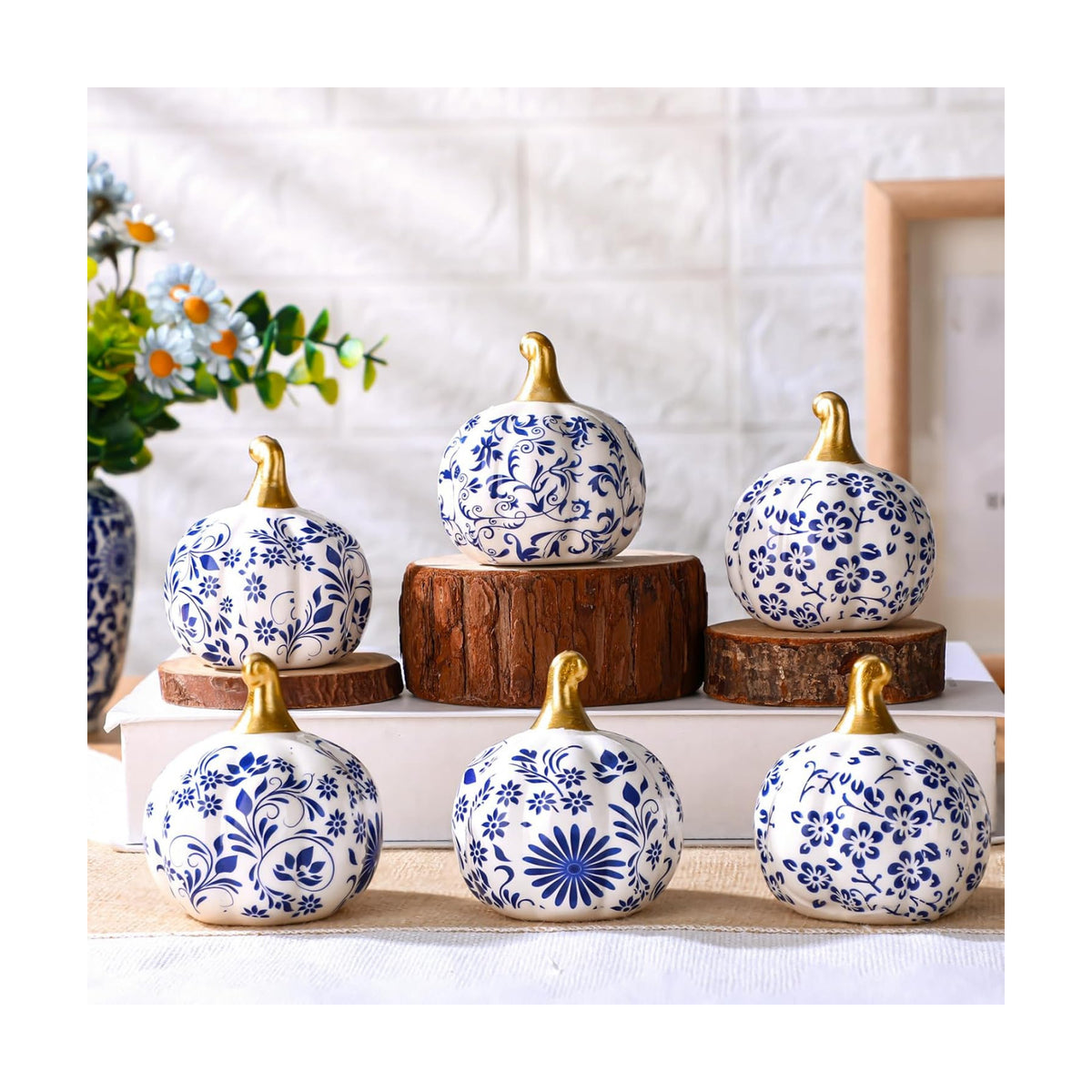 DoubleFill 6 Pcs Blue and White Ceramic Pumpkins Classic Fall Table Decor