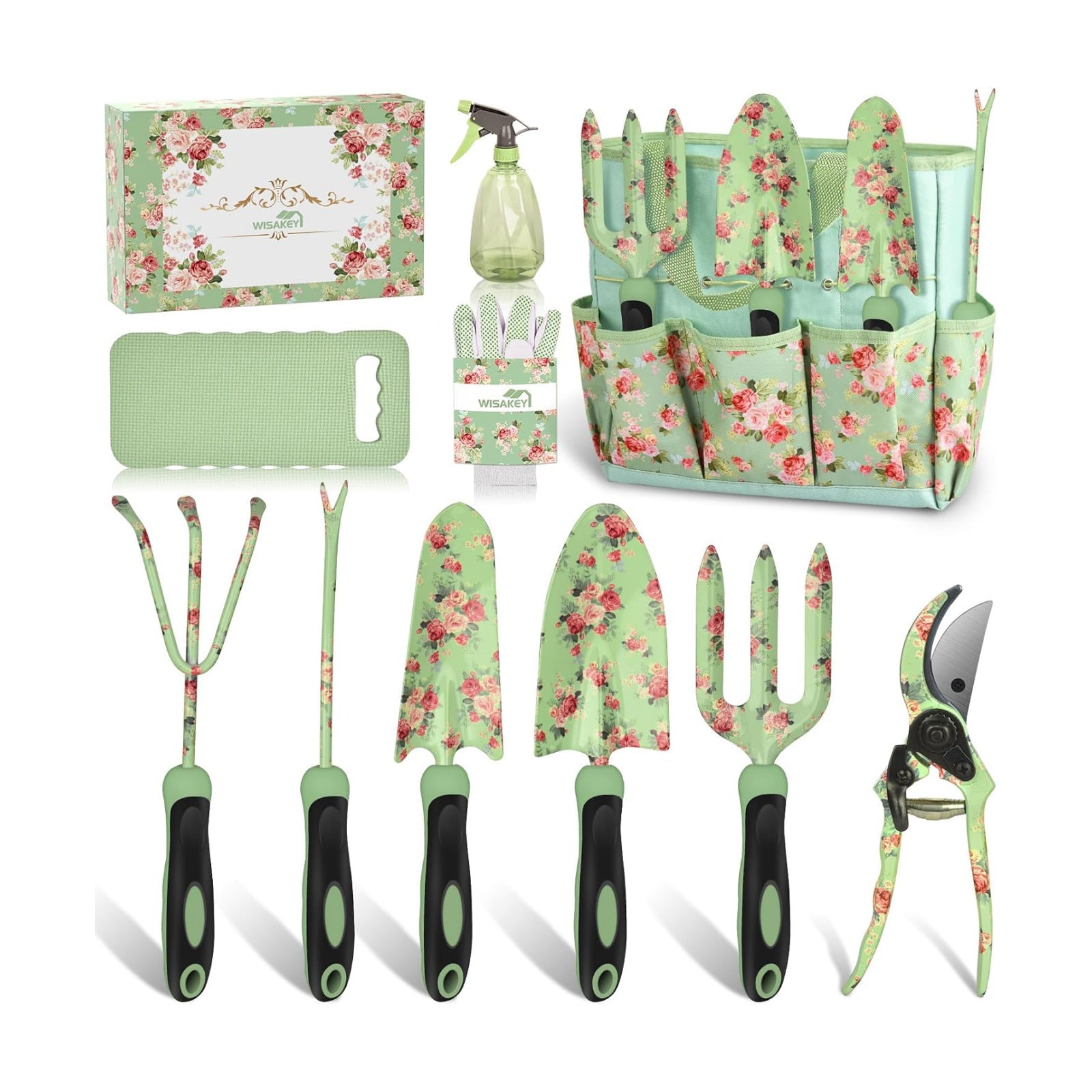 Gardening Tools, WisaKey 10 Piece Heavy Duty Garden Tools Set with Handle, Durable Fashion Garden Organizer Handbag
