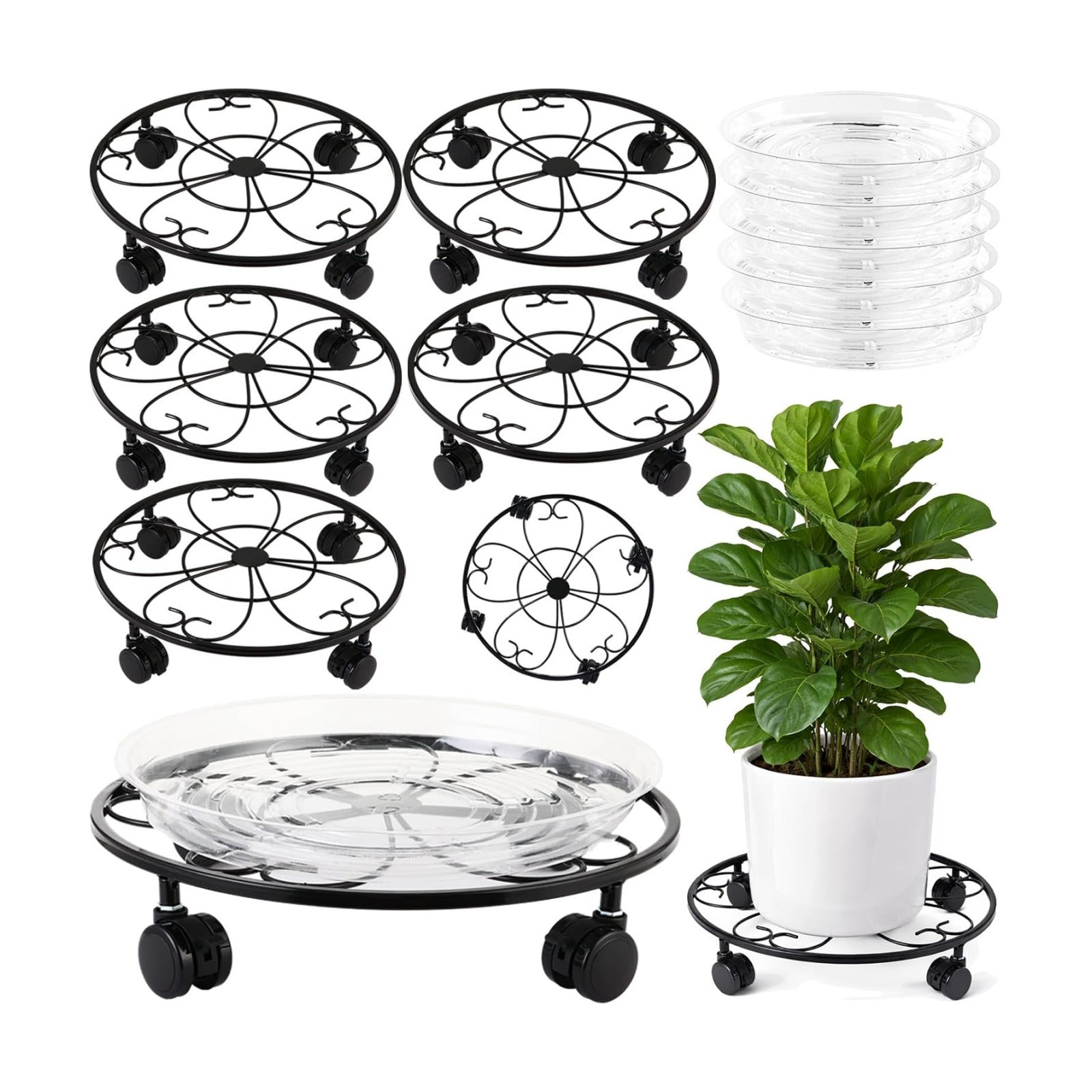 5 Packs 13 inches Large Metal Plant Caddy with Wheels Round Planter Dolly Pot Mover Rollers Wrought Iron Rolling Plant