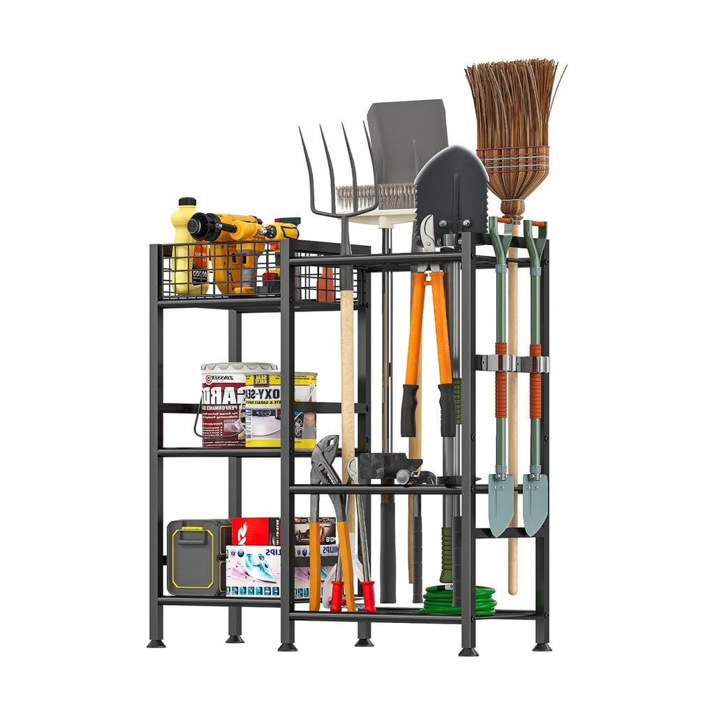 Garden Tool Organizer with Basket, 3-Tier Yard Storage Rack for Garage | 35 Long-Tool Slots: Steel rack adds 11 hooks