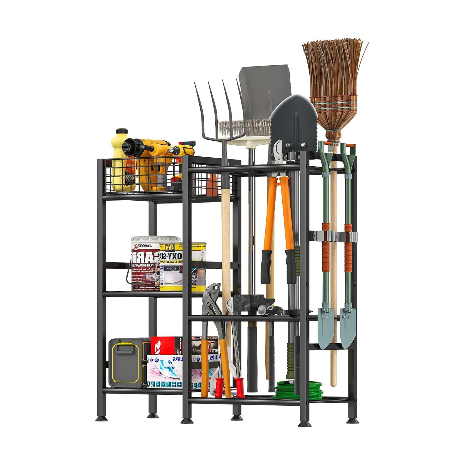 Garden Tool Organizer with Basket, 3-Tier Yard Storage Rack for Garage | 35 Long-Tool Slots: Steel rack adds 11 hooks