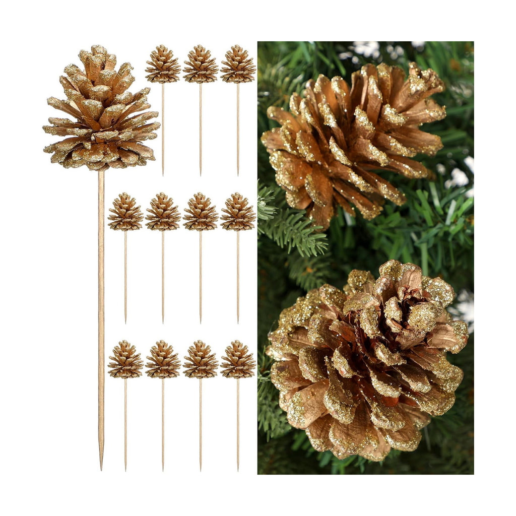 Thiccywoov 12 Pcs Christmas Pine Cone Pick Decoration for Tree Gold 3.15 in
