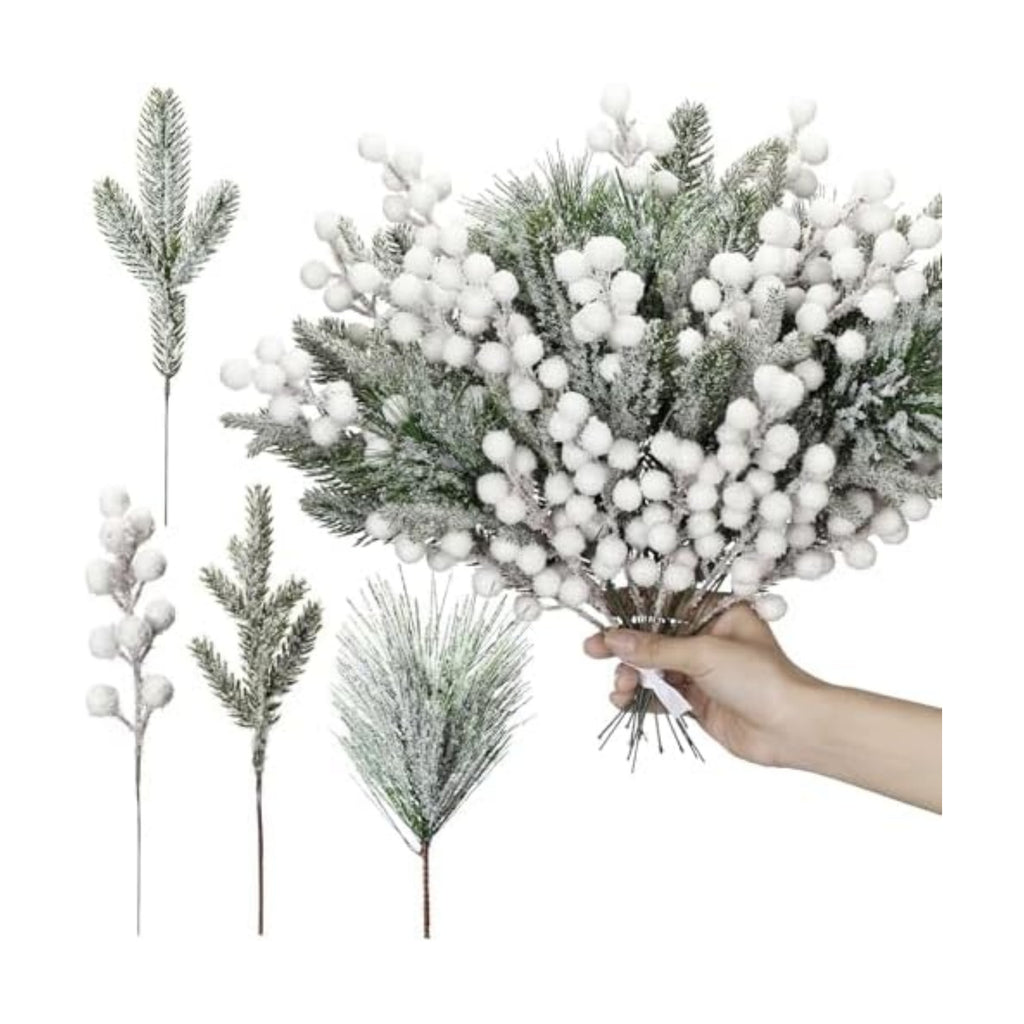 Lyrow 80 Pieces Christmas Snowy Pine Tree Picks Artificial Berry Stems Sprays Faux Cedar Pine Needles Branches for Holiday Arrangement Wreath DIY Garland Holiday Decor Winter Greenery (White)