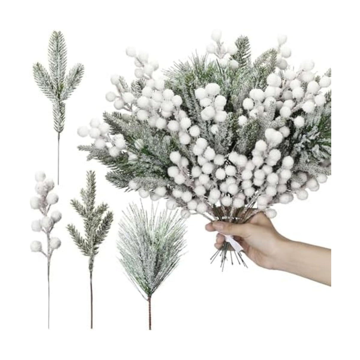 Lyrow 80 Pieces Christmas Snowy Pine Tree Picks Artificial Berry Stems Sprays Faux Cedar Pine Needles Branches for Holiday Arrangement Wreath DIY Garland Holiday Decor Winter Greenery (White)