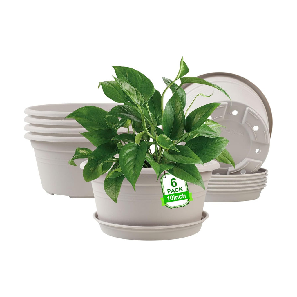 6 Pack 10 inch Plant Pot, Shallow Planters with Drainage Hole & Tray Saucer | Round Outdoor Pots for Plants, Decoration