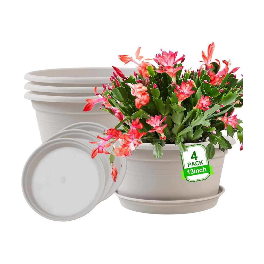 Large 4 Pack 13 inch Plant Pots, Round Plastic Pots for Plants with Trays | Outdoor Planters with Drainage Hole &