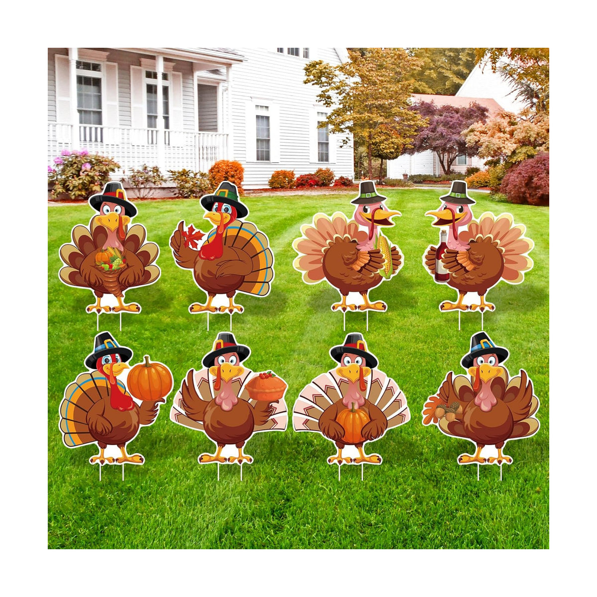 Thanksgiving Plastic Turkey Yard Signs 8pc with Stakes
