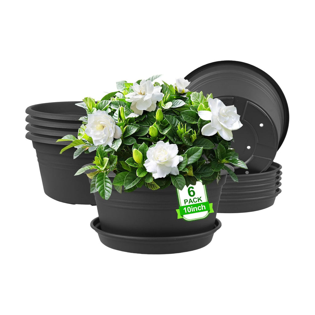 6 Pack 10 inch Plant Pot, Round Plastic Plant Pots with Drainage Holes | Outdoor Pots for Plants with Tray Saucer