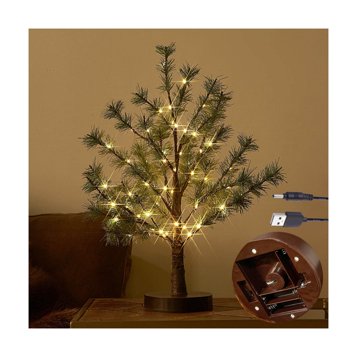Hairui Christmas Tabletop Pine Tree Lights 60 LED 18IN Battery or USB Oprerated with Timer, Lighted Pine Tree for Home Winter Holiday Decor Indoor Use