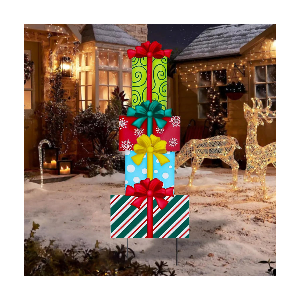 Afirst Christmas Yard Sign Stakes 4PCS Stacked Box Outdoor Decor