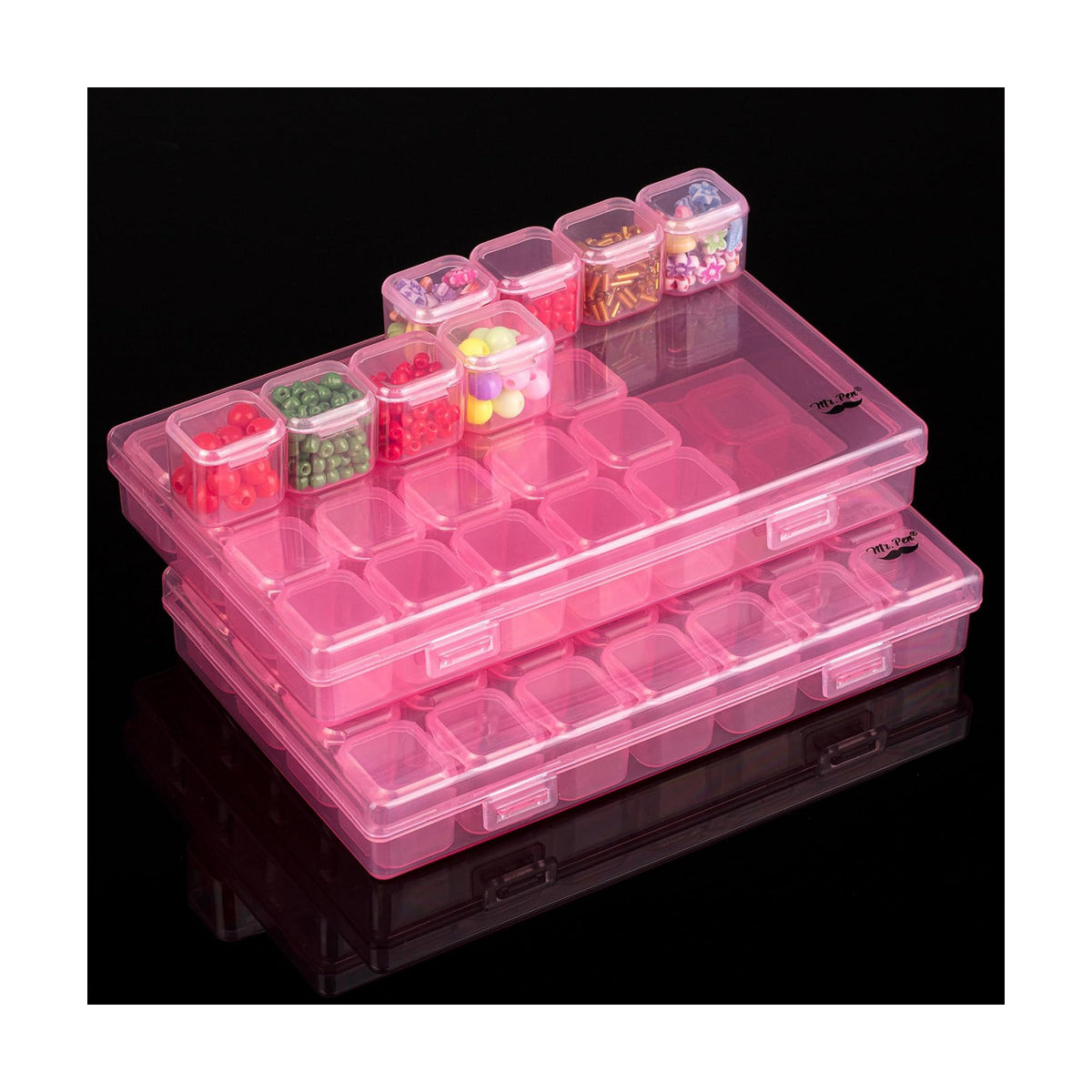 Mr. Pen- Bead Storage Containers, 28 Grids, 2 Pack, Transparent Pink