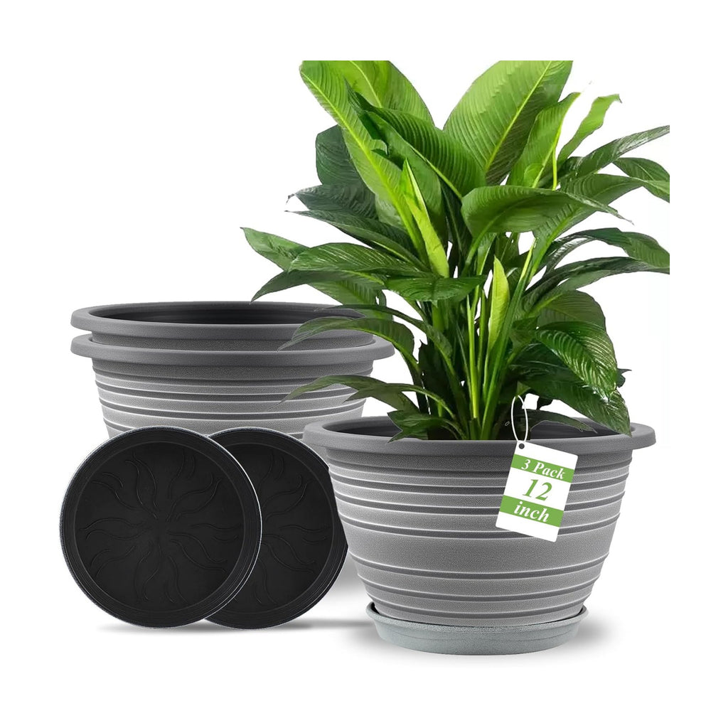 KPUVX 3 Pack 12 Inch Pots for Plants,Plastic Flower Pots Outdoor Indoor | Large Plant Pots with Drainage &