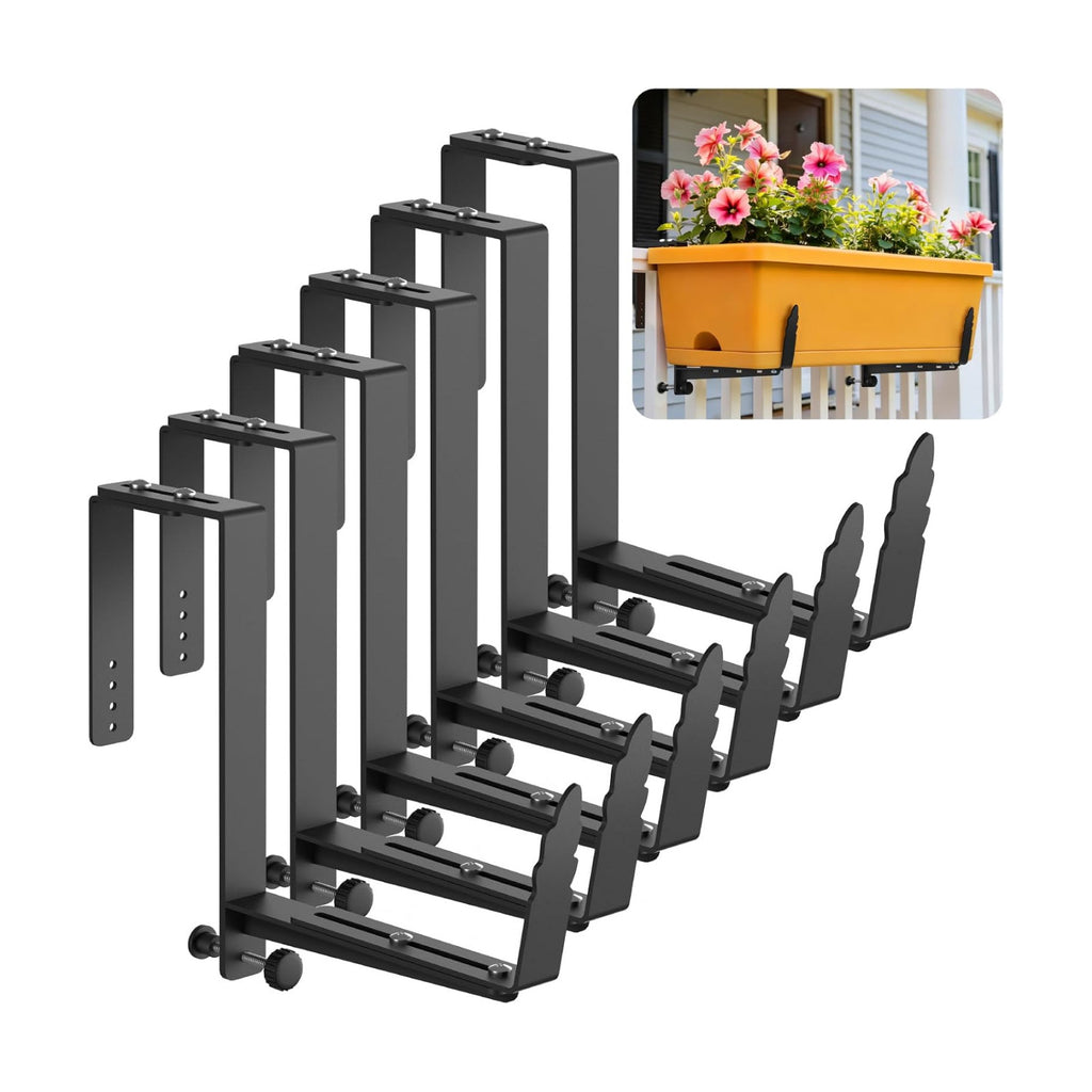Window Box Brackets, Adjustable Planter Box Brackets, Heavy Duty Iron Flower Box Bracket for Deck Railing with Upgraded
