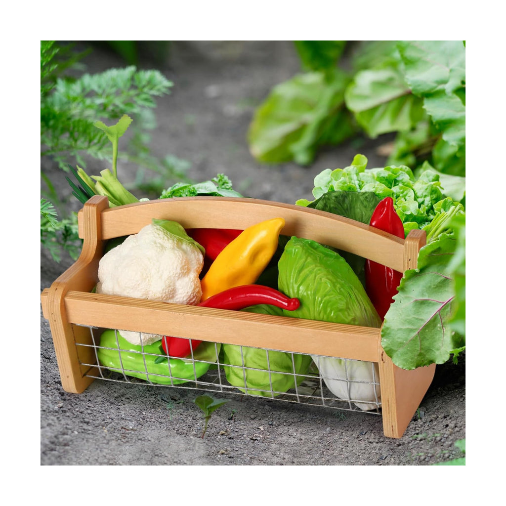 Teenyyou Large Garden Hod Harvest Basket 13 x 9 x 7 Inch, Wooden Gathering Basket with Handle Wire Mesh for Gardening
