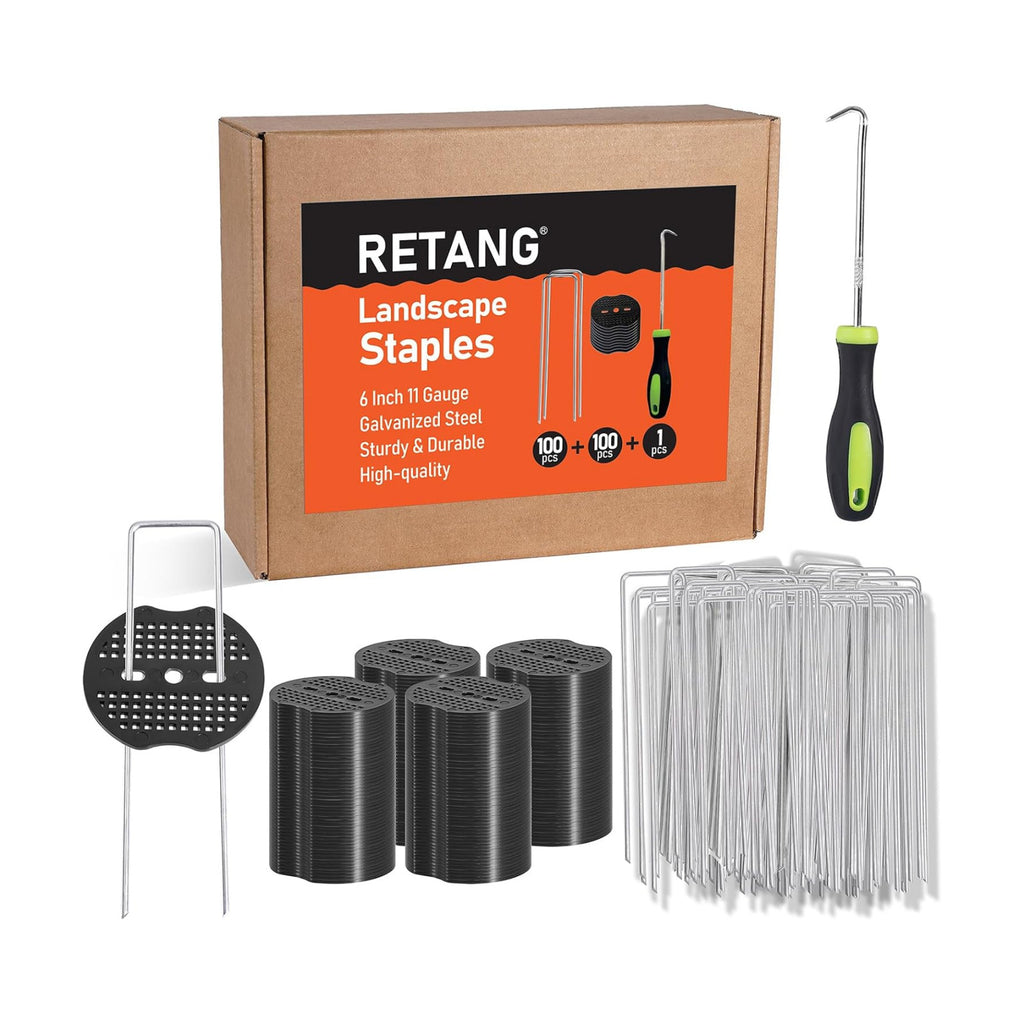 100 Pcs 6" 11 Gauge Landscape Staples with Gaskets & Remover Tool | Galvanized steel U-shaped garden stakes kit with