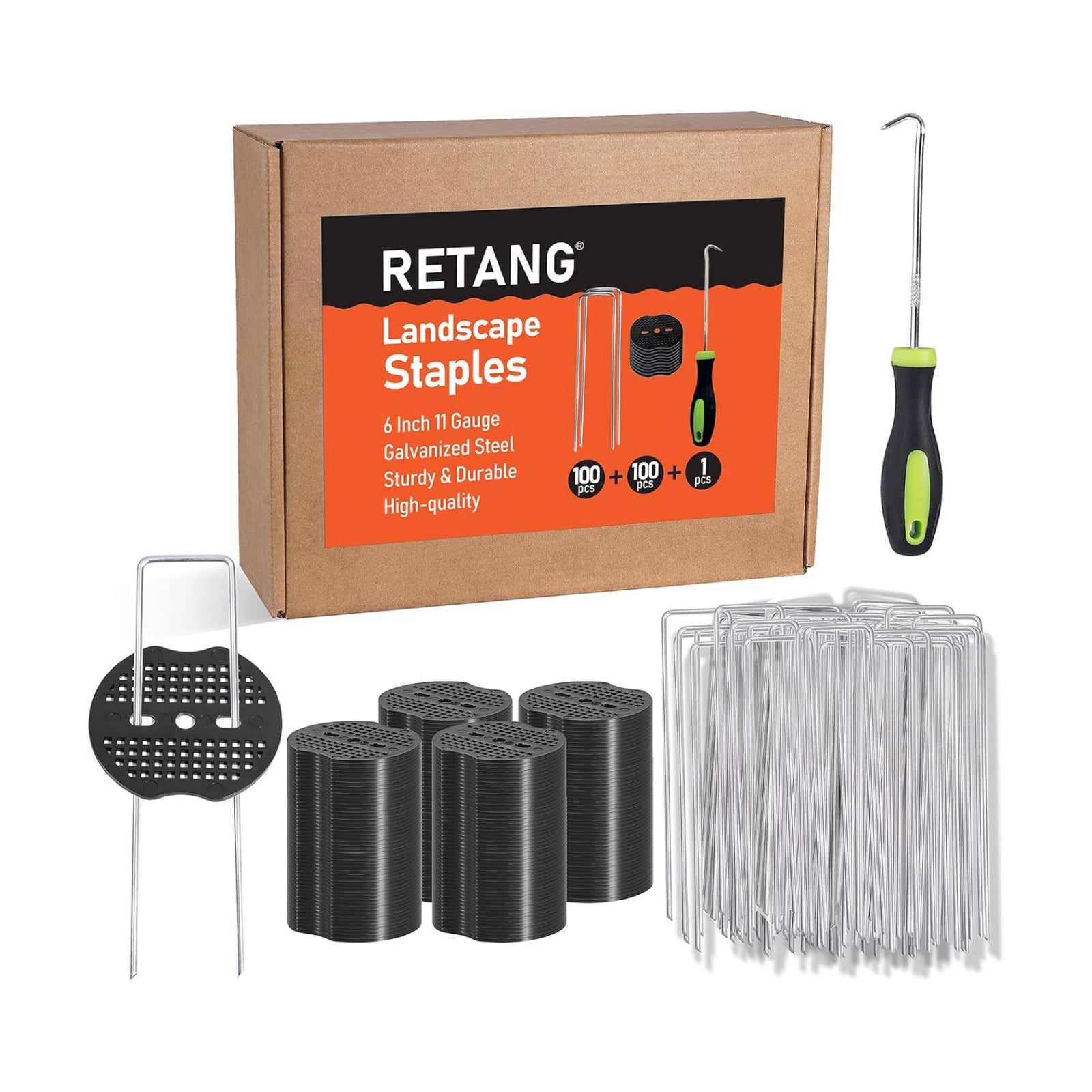 100 Pcs 6" 11 Gauge Landscape Staples with Gaskets & Remover Tool | Galvanized steel U-shaped garden stakes kit with