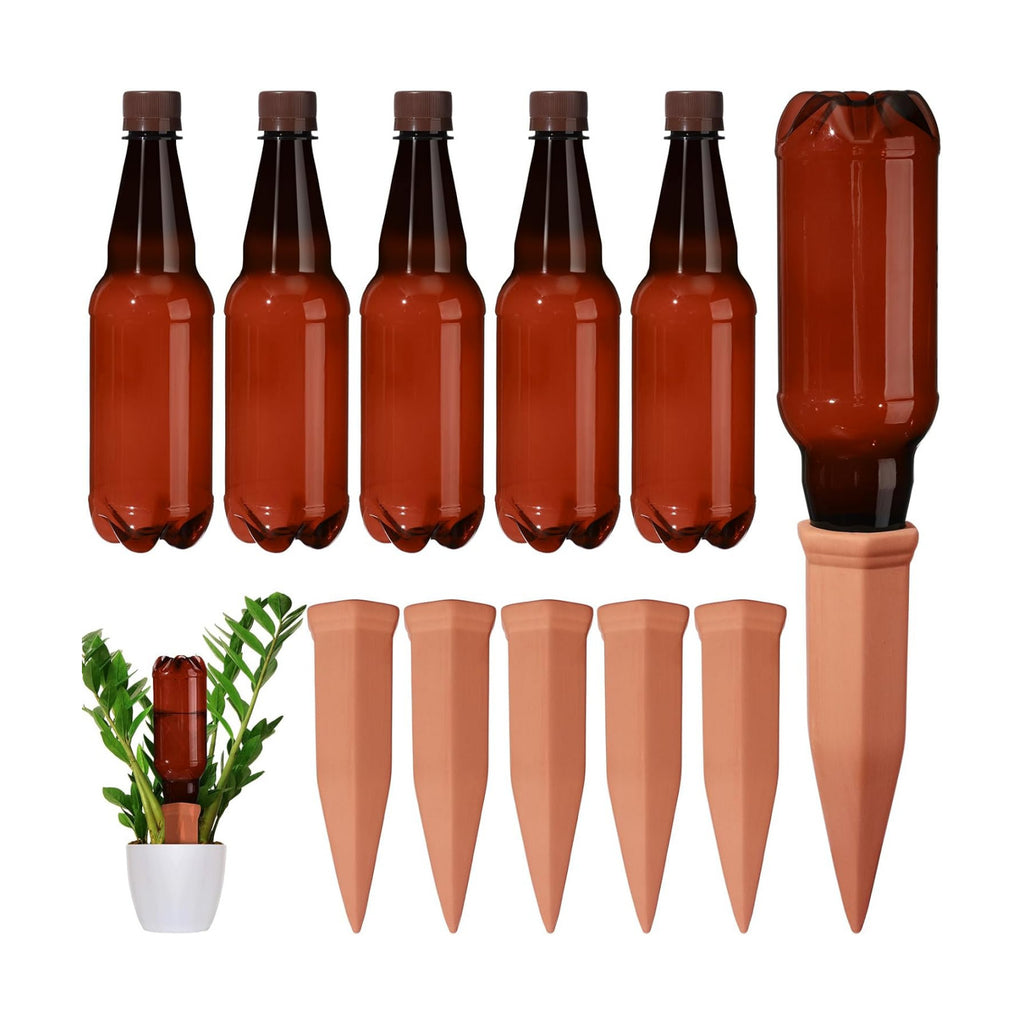 SiliFine 6 Sets Terracotta Self Watering Spikes with 26 oz Plastic Bottles, Plant Watering Devices Slow Release
